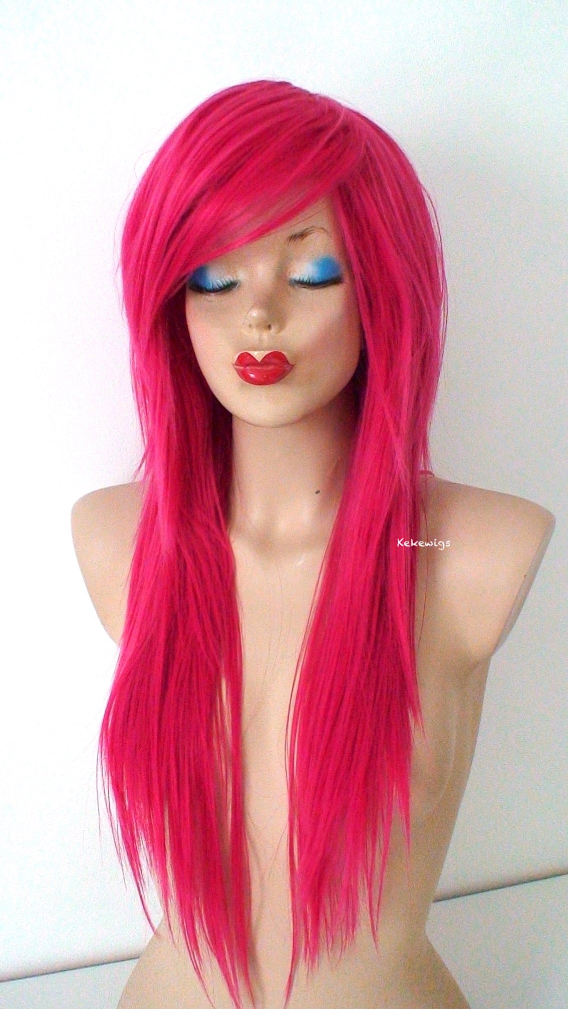 28" Hot pink Straight layered hair side bangs wig. Heat friendly synthetic hair wig.