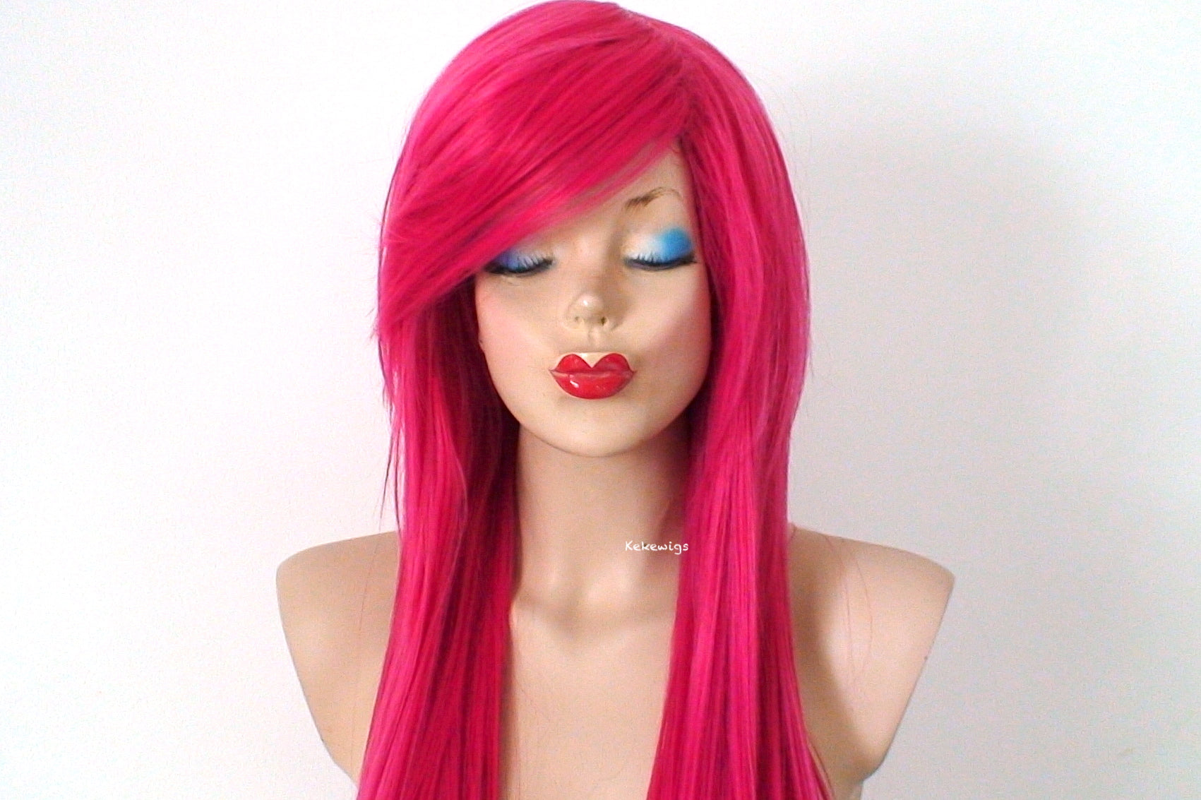 28" Hot pink Straight layered hair side bangs wig. Heat friendly synthetic hair wig.