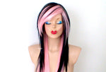 Load image into Gallery viewer, 28&quot; Black Pink Ombre Long Straight Hair Long Side Bangs Wig. Emo Wig. Scene Wig.
