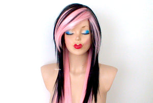 28" Black Pink Ombre Long Straight Hair Long Side Bangs Wig. Emo Wig. Scene Wig.