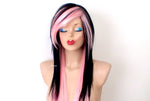 Load image into Gallery viewer, 28&quot; Black Pink Ombre Long Straight Hair Long Side Bangs Wig. Emo Wig. Scene Wig.
