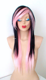 Load image into Gallery viewer, 28&quot; Black Pink Ombre Long Straight Hair Long Side Bangs Wig. Emo Wig. Scene Wig.
