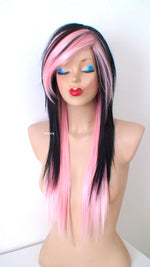 Load image into Gallery viewer, 28&quot; Black Pink Ombre Long Straight Hair Long Side Bangs Wig. Emo Wig. Scene Wig.
