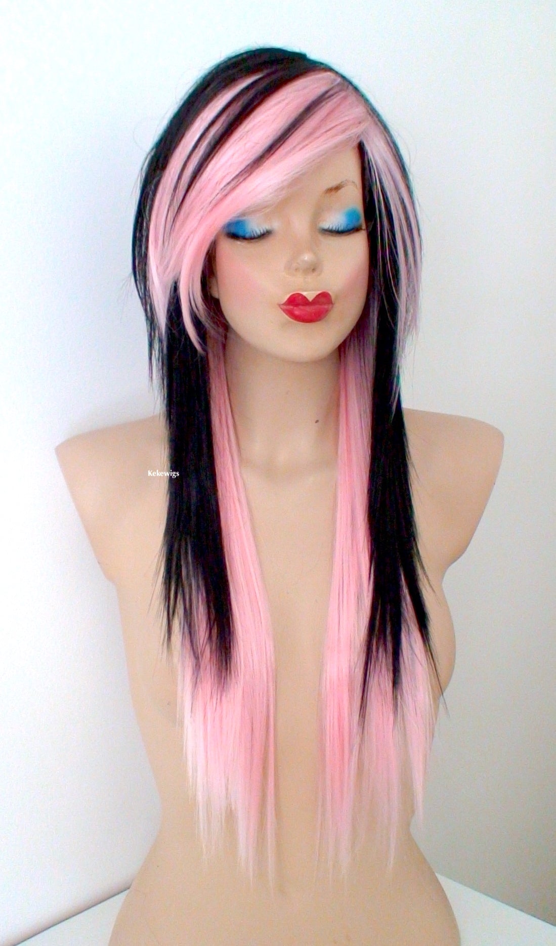 28" Black Pink Ombre Long Straight Hair Long Side Bangs Wig. Emo Wig. Scene Wig.