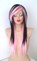 Load image into Gallery viewer, 28&quot; Black Pink Ombre Long Straight Hair Long Side Bangs Wig. Emo Wig. Scene Wig.
