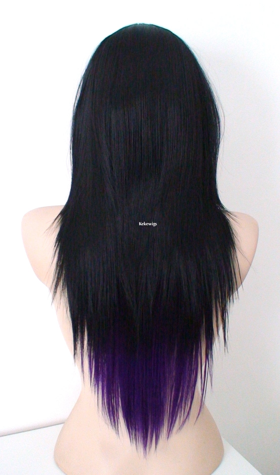 28 Black Purple Ombre Long Straight Hair Long Side Bangs Wig. Emo