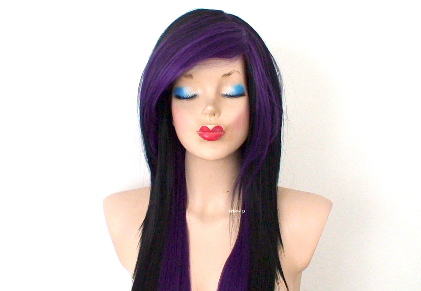 28 Black Purple Ombre Long Straight Hair Long Side Bangs Wig. Emo