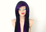 Load image into Gallery viewer, 28&quot; Black Purple Ombre Long Straight Hair Long Side Bangs Wig. Emo Wig. Scene Wig.
