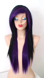 Load image into Gallery viewer, 28&quot; Black Purple Ombre Long Straight Hair Long Side Bangs Wig. Emo Wig. Scene Wig.
