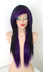 Load image into Gallery viewer, 28&quot; Black Purple Ombre Long Straight Hair Long Side Bangs Wig. Emo Wig. Scene Wig.
