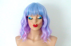 16" Pastel Blue Lavender Ombre Short Wavy Hair with Bangs Wig