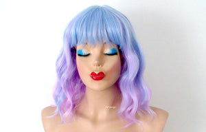 16" Pastel Blue Lavender Ombre Short Wavy Hair with Bangs Wig