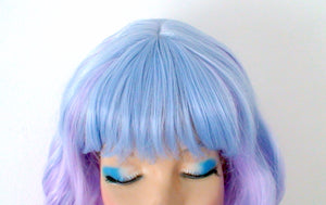 16" Pastel Blue Lavender Ombre Short Wavy Hair with Bangs Wig