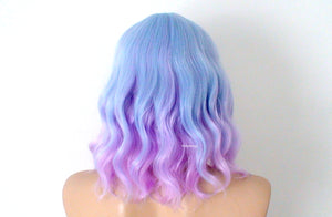 16" Pastel Blue Lavender Ombre Short Wavy Hair with Bangs Wig