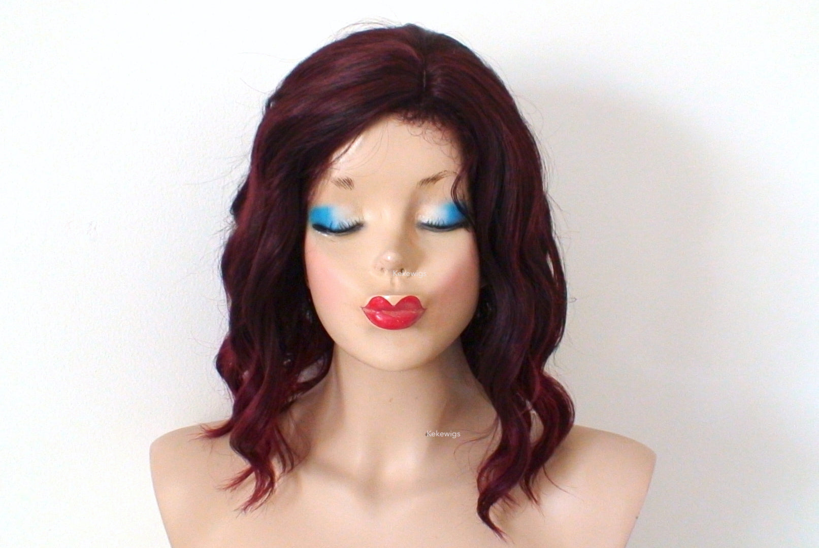 16" Wine Red Ombre Short Wavy Hair with Bangs Wig