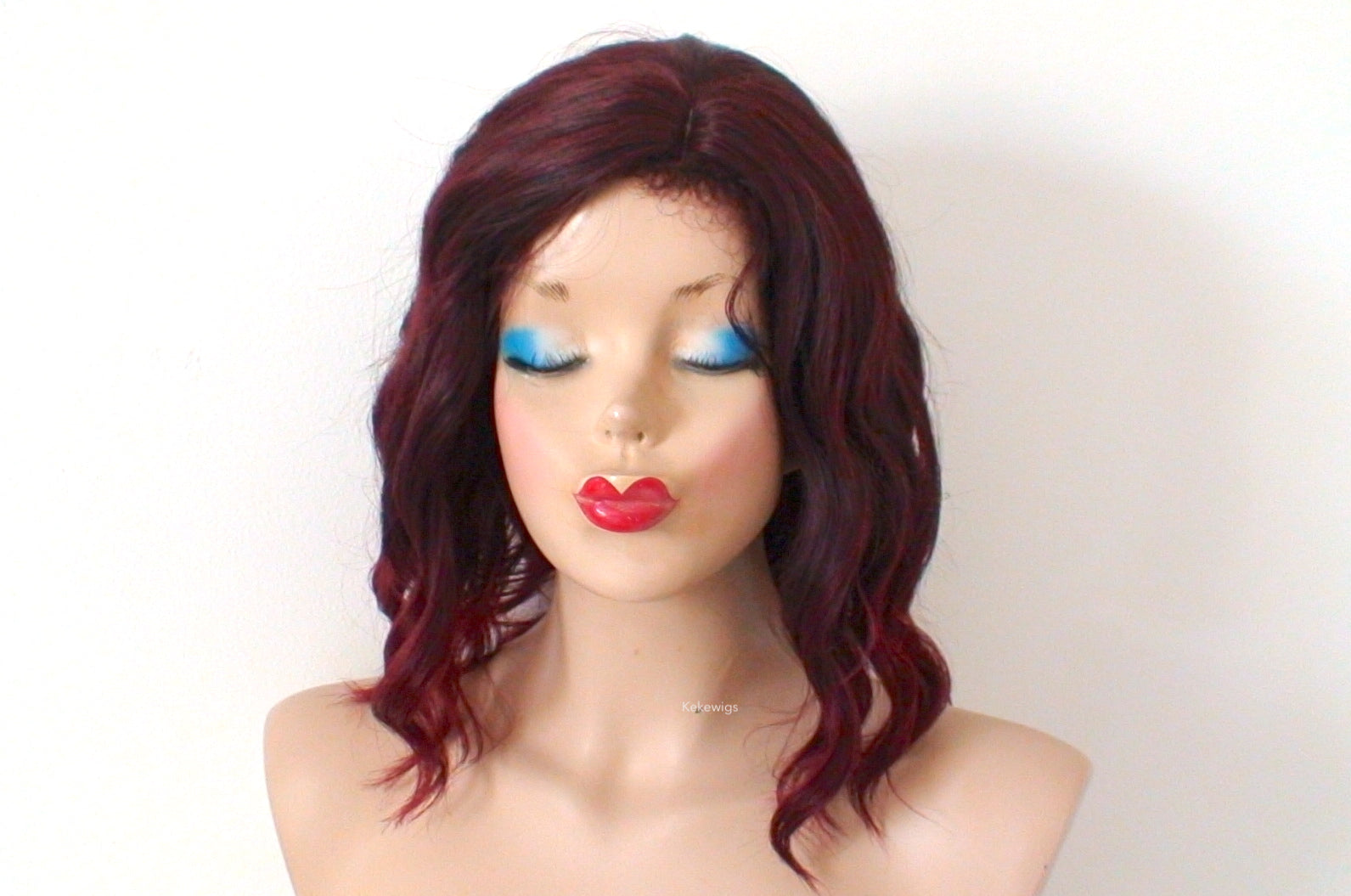 16" Wine Red Ombre Short Wavy Hair with Bangs Wig