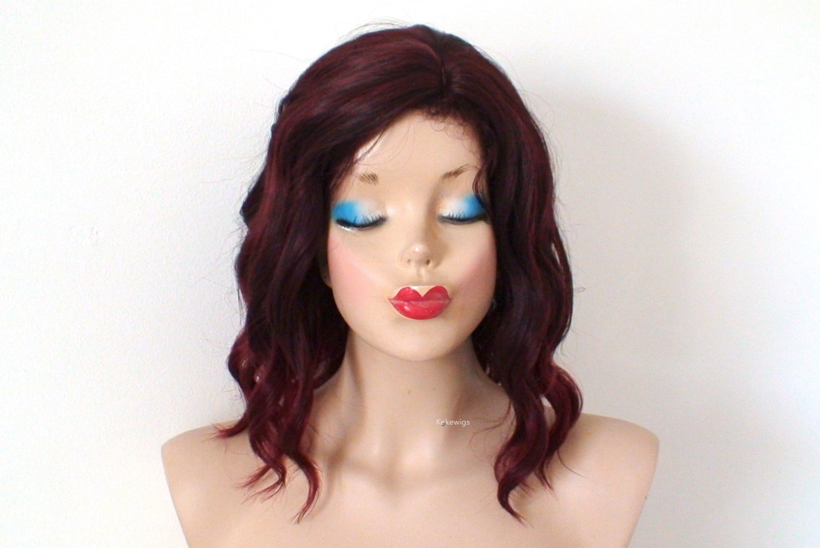 16" Wine Red Ombre Short Wavy Hair with Bangs Wig