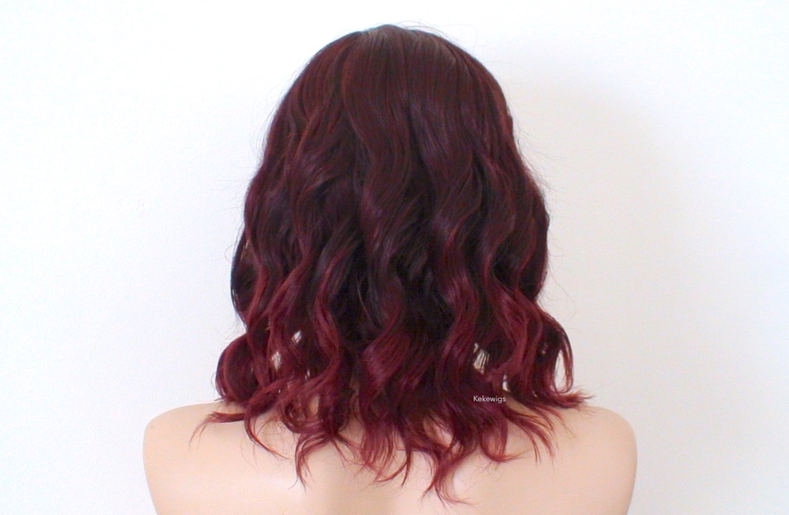 16" Wine Red Ombre Short Wavy Hair with Bangs Wig