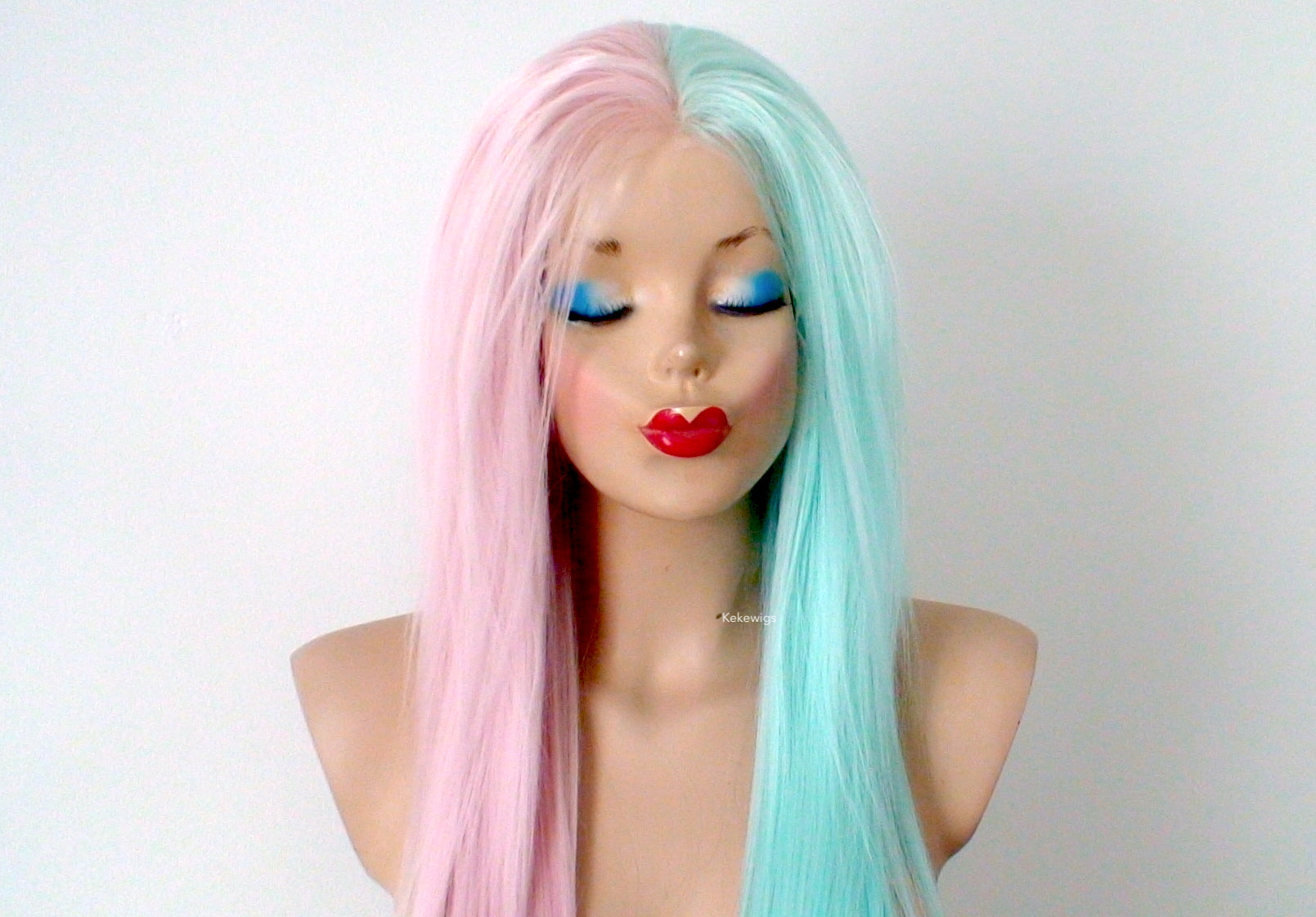 30" Lace front Pastel Pink Mint Side by Side Long Straight Layered Heat Friendly Synthetic Wg for women. Long straight Half pink half mint lace wig. Everyday wig. Cosplay wig