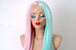 Load image into Gallery viewer, 30&quot; Lace front Pastel Pink Mint Side by Side Long Straight Layered Heat Friendly Synthetic Wg for women. Long straight Half pink half mint lace wig. Everyday wig. Cosplay wig
