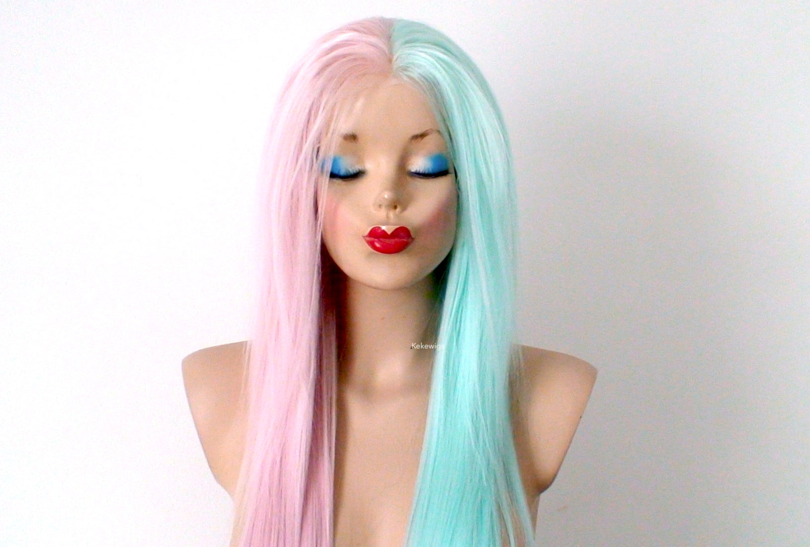 30" Lace front Pastel Pink Mint Side by Side Long Straight Layered Heat Friendly Synthetic Wg for women. Long straight Half pink half mint lace wig. Everyday wig. Cosplay wig