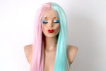 Load image into Gallery viewer, 30&quot; Lace front Pastel Pink Mint Side by Side Long Straight Layered Heat Friendly Synthetic Wg for women. Long straight Half pink half mint lace wig. Everyday wig. Cosplay wig
