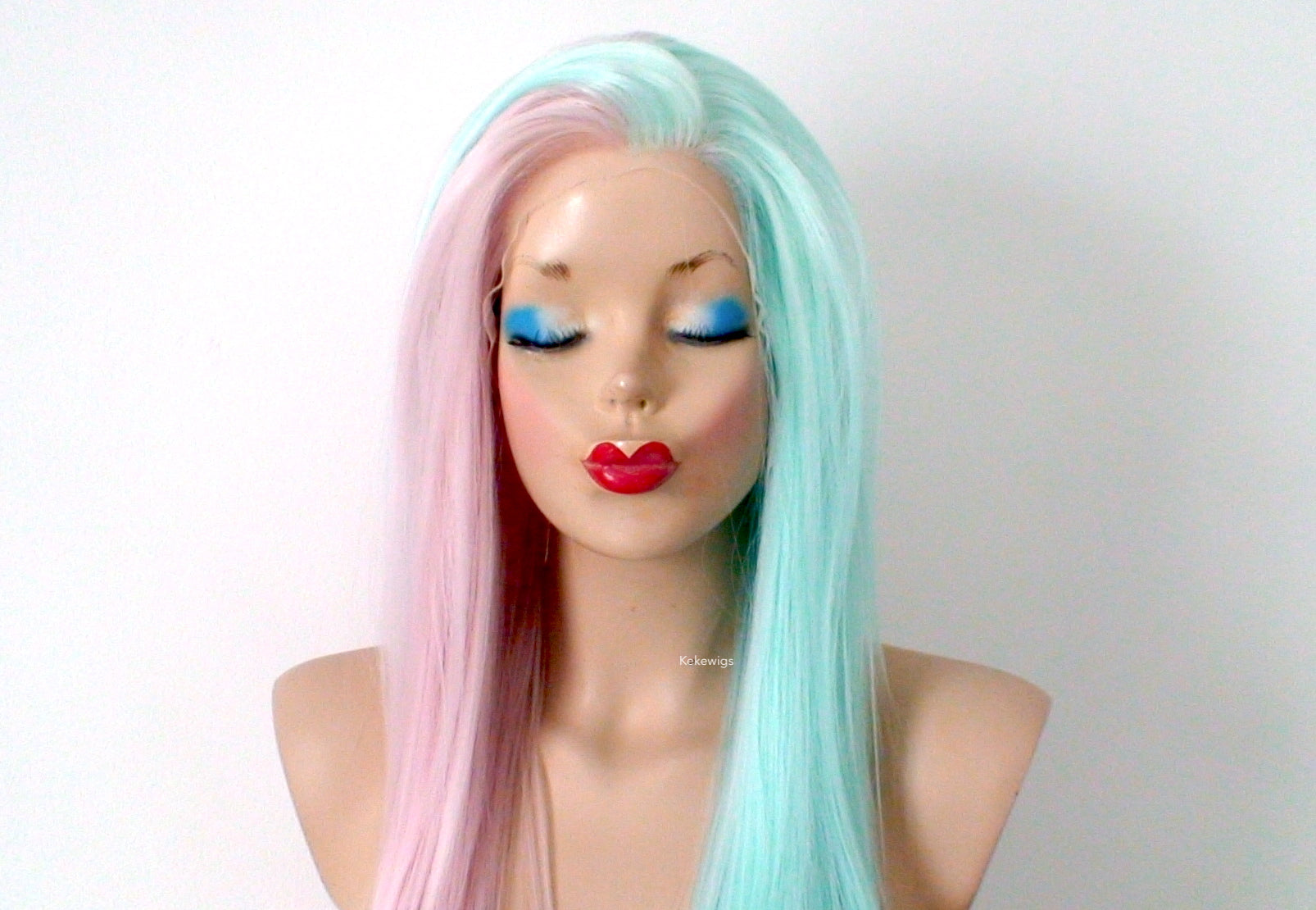 30" Lace front Pastel Pink Mint Side by Side Long Straight Layered Heat Friendly Synthetic Wg for women. Long straight Half pink half mint lace wig. Everyday wig. Cosplay wig