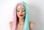 Load image into Gallery viewer, 30&quot; Lace front Pastel Pink Mint Side by Side Long Straight Layered Heat Friendly Synthetic Wg for women. Long straight Half pink half mint lace wig. Everyday wig. Cosplay wig
