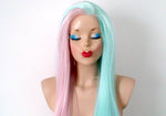 Load image into Gallery viewer, 30&quot; Lace front Pastel Pink Mint Side by Side Long Straight Layered Heat Friendly Synthetic Wg for women. Long straight Half pink half mint lace wig. Everyday wig. Cosplay wig
