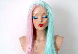 30" Lace front Pastel Pink Mint Side by Side Long Straight Layered Heat Friendly Synthetic Wg for women. Long straight Half pink half mint lace wig. Everyday wig. Cosplay wig