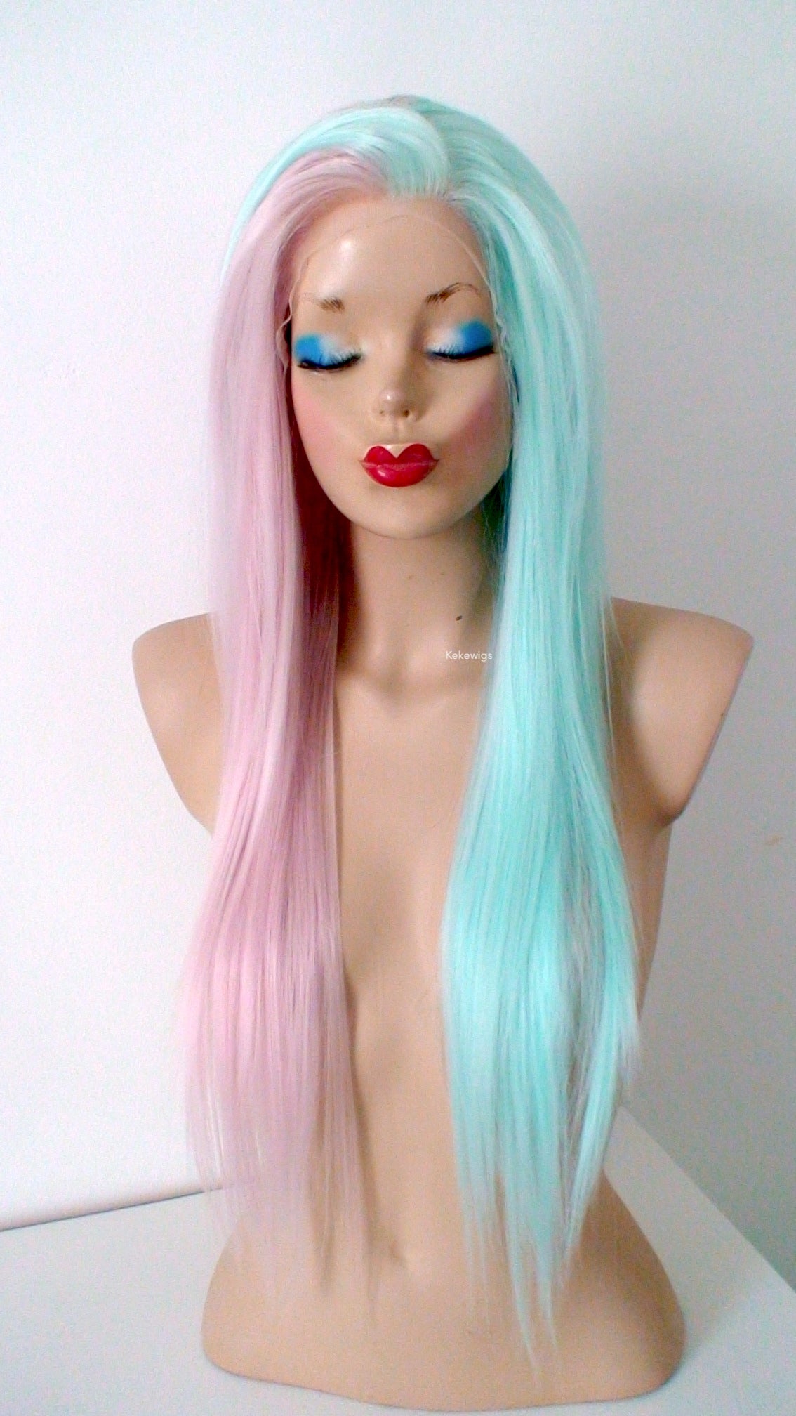 30" Lace front Pastel Pink Mint Side by Side Long Straight Layered Heat Friendly Synthetic Wg for women. Long straight Half pink half mint lace wig. Everyday wig. Cosplay wig