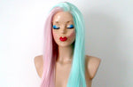 Load image into Gallery viewer, 30&quot; Lace front Pastel Pink Mint Side by Side Long Straight Layered Heat Friendly Synthetic Wg for women. Long straight Half pink half mint lace wig. Everyday wig. Cosplay wig
