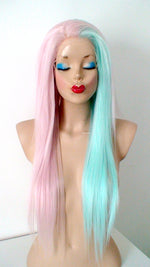 Load image into Gallery viewer, 30&quot; Lace front Pastel Pink Mint Side by Side Long Straight Layered Heat Friendly Synthetic Wg for women. Long straight Half pink half mint lace wig. Everyday wig. Cosplay wig
