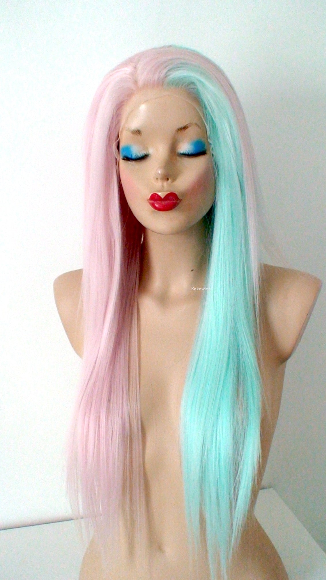 30" Lace front Pastel Pink Mint Side by Side Long Straight Layered Heat Friendly Synthetic Wg for women. Long straight Half pink half mint lace wig. Everyday wig. Cosplay wig