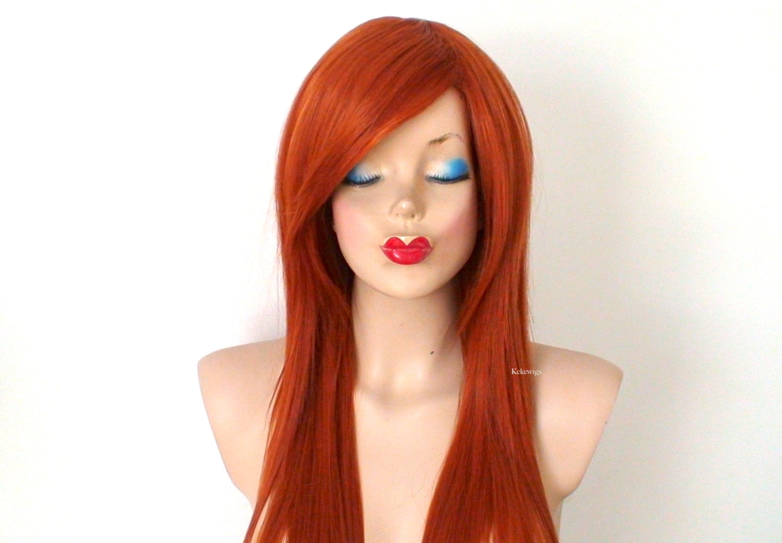 28" Ginger Orange Long straight Layered Hair Side Bangs Wig