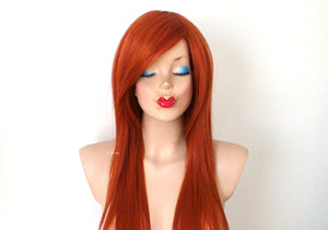 28" Ginger Orange Long straight Layered Hair Side Bangs Wig