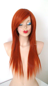 28" Ginger Orange Long straight Layered Hair Side Bangs Wig