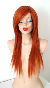 28" Ginger Orange Long straight Layered Hair Side Bangs Wig