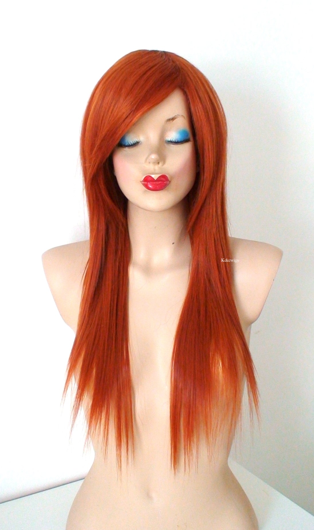 28" Ginger Orange Long straight Layered Hair Side Bangs Wig