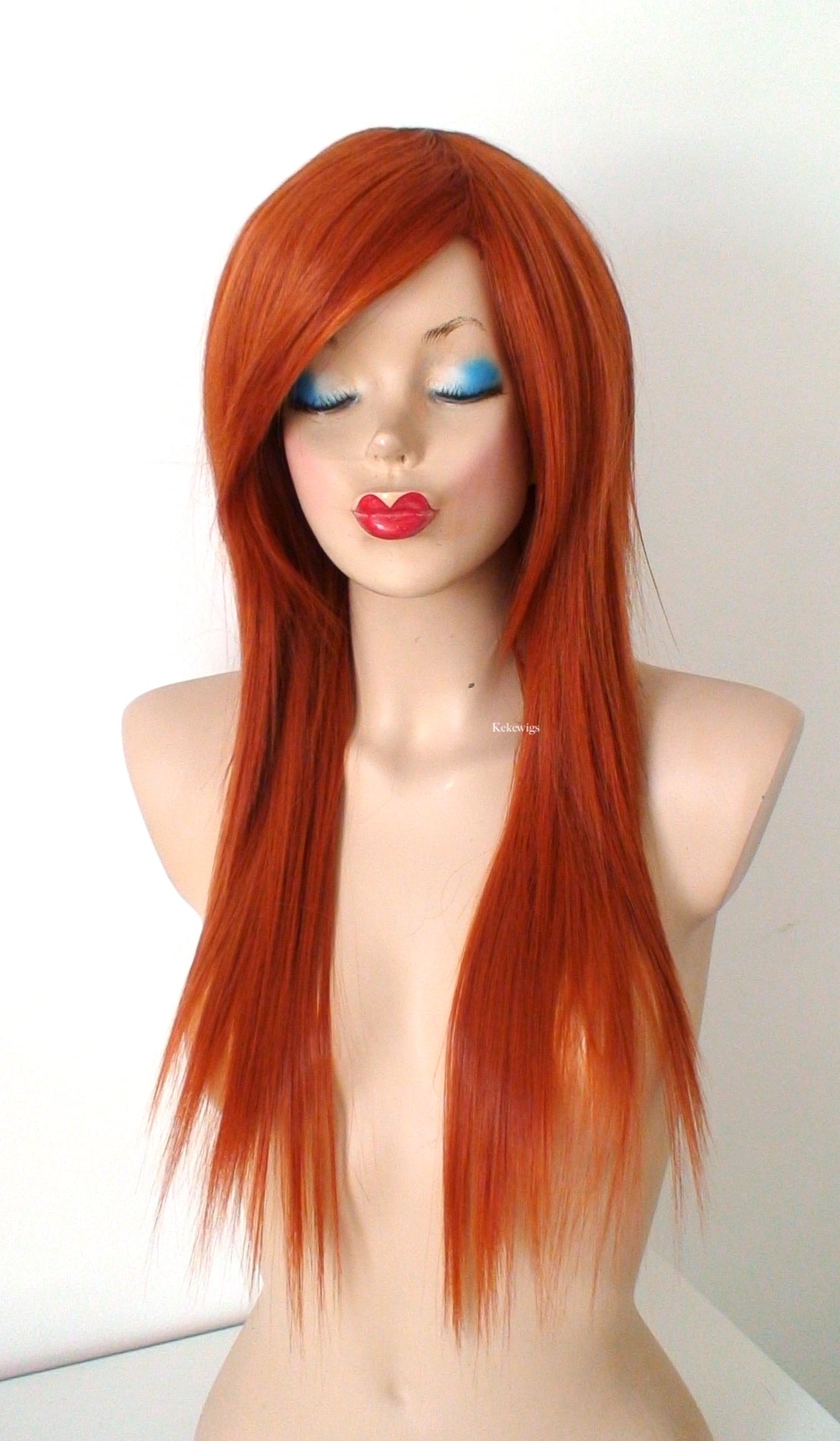 28" Ginger Orange Long straight Layered Hair Side Bangs Wig