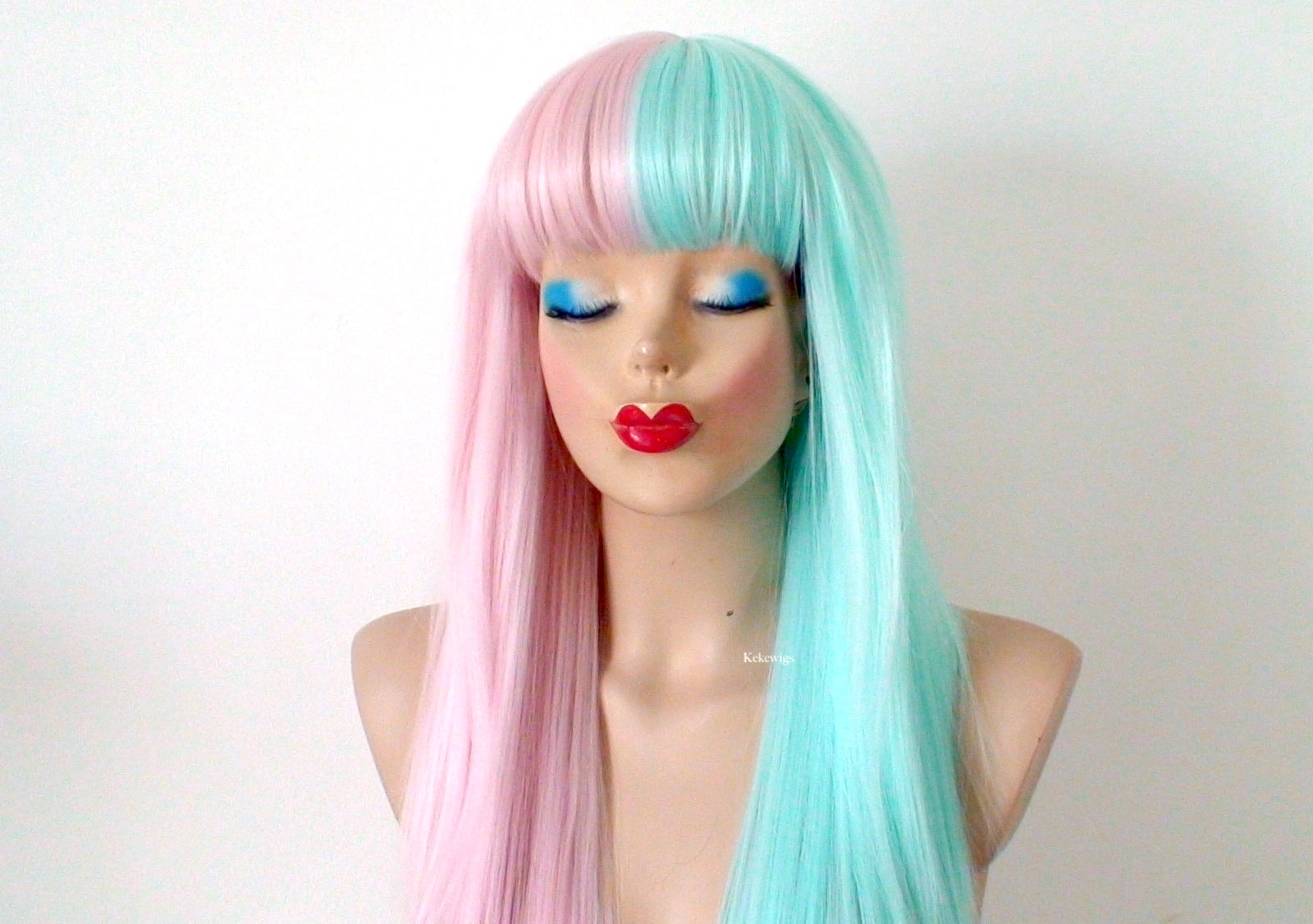 Pastel Pink Mint Side by Side Long Straight Layered Hair with Bangs Wig.