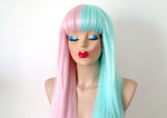 Load image into Gallery viewer, Pastel Pink Mint Side by Side Long Straight Layered Hair with Bangs Wig.
