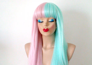 Pastel Pink Mint Side by Side Long Straight Layered Hair with Bangs Wig.