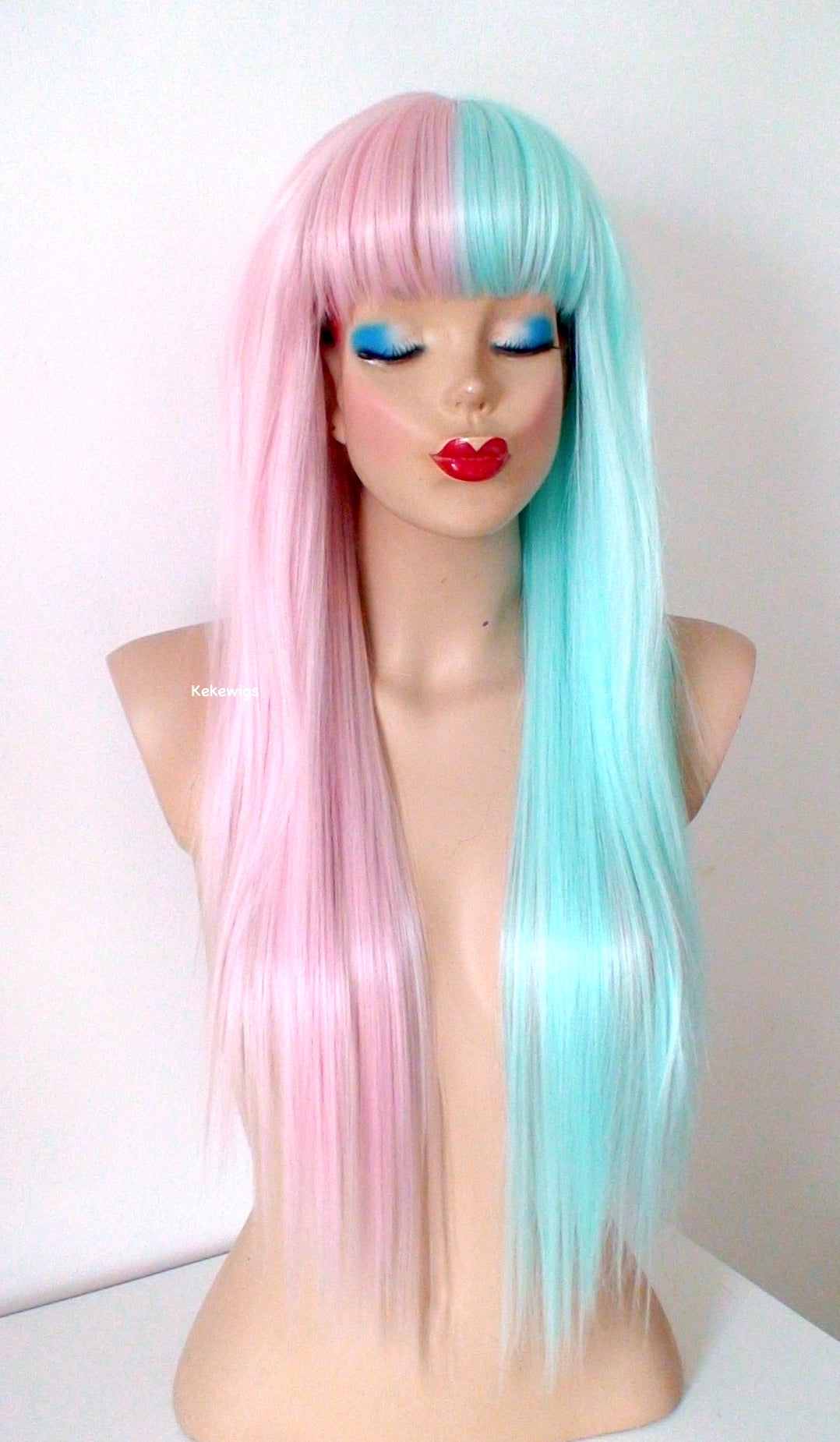 Pastel Pink Mint Side by Side Long Straight Layered Hair with Bangs Wig.