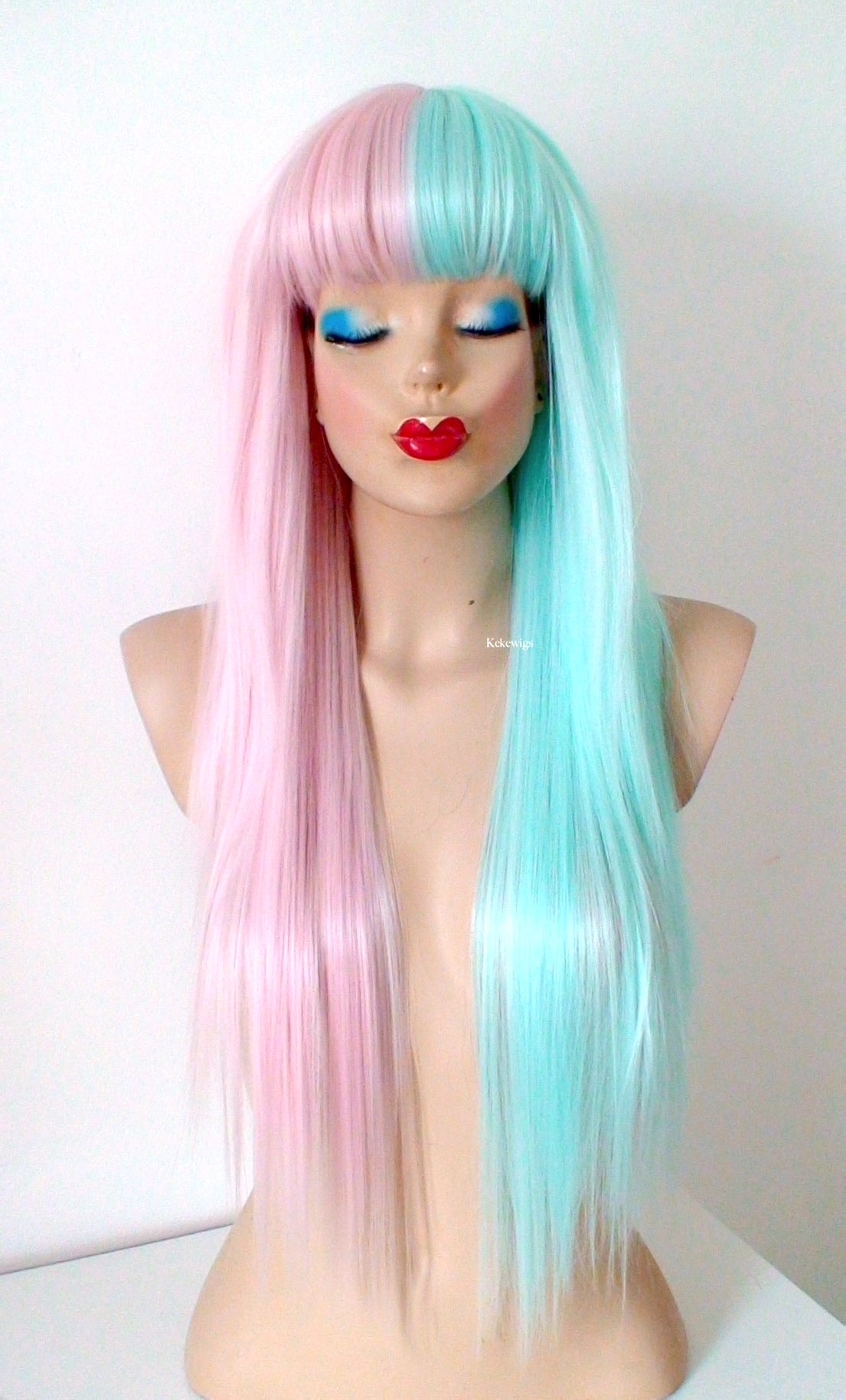 Pastel Pink Mint Side by Side Long Straight Layered Hair with Bangs Wig.