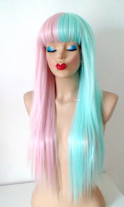 Pastel Pink Mint Side by Side Long Straight Layered Hair with Bangs Wig.