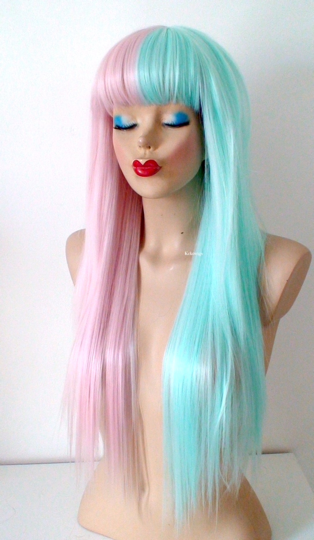 Pastel Pink Mint Side by Side Long Straight Layered Hair with Bangs Wig.