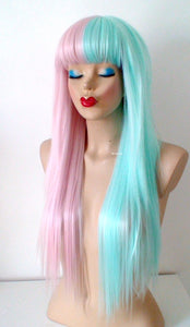 Pastel Pink Mint Side by Side Long Straight Layered Hair with Bangs Wig.