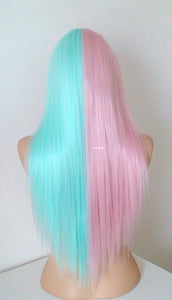 Pastel Pink Mint Side by Side Long Straight Layered Hair with Bangs Wig.