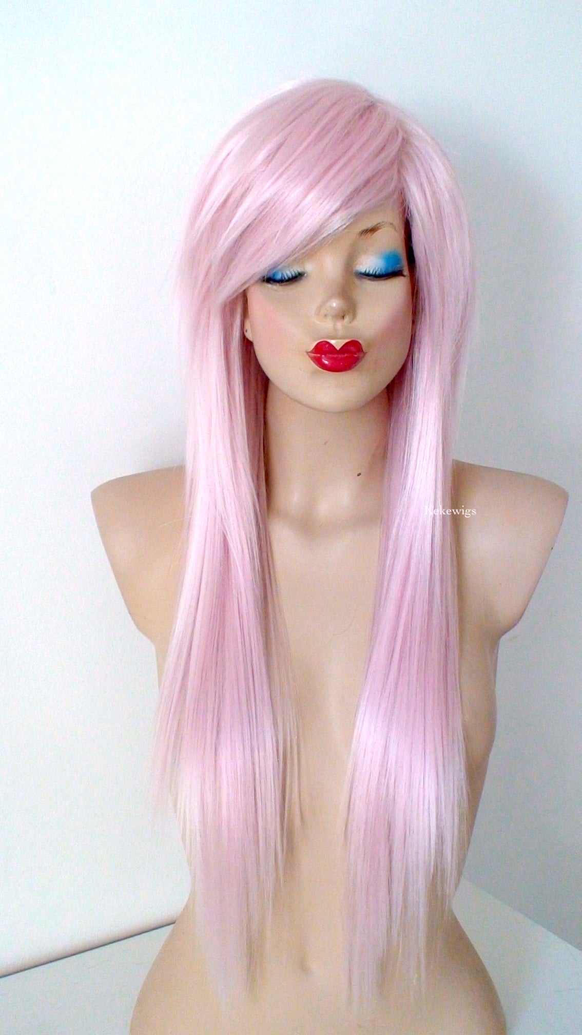 28" Pastel Pink Long Straight Layered Hair Long Side Bangs Wig